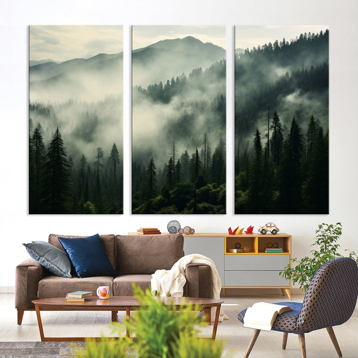 Captivating Misty Forest Wall ArtPremium Canvas Print for a Foggy and Serene Atmosphere