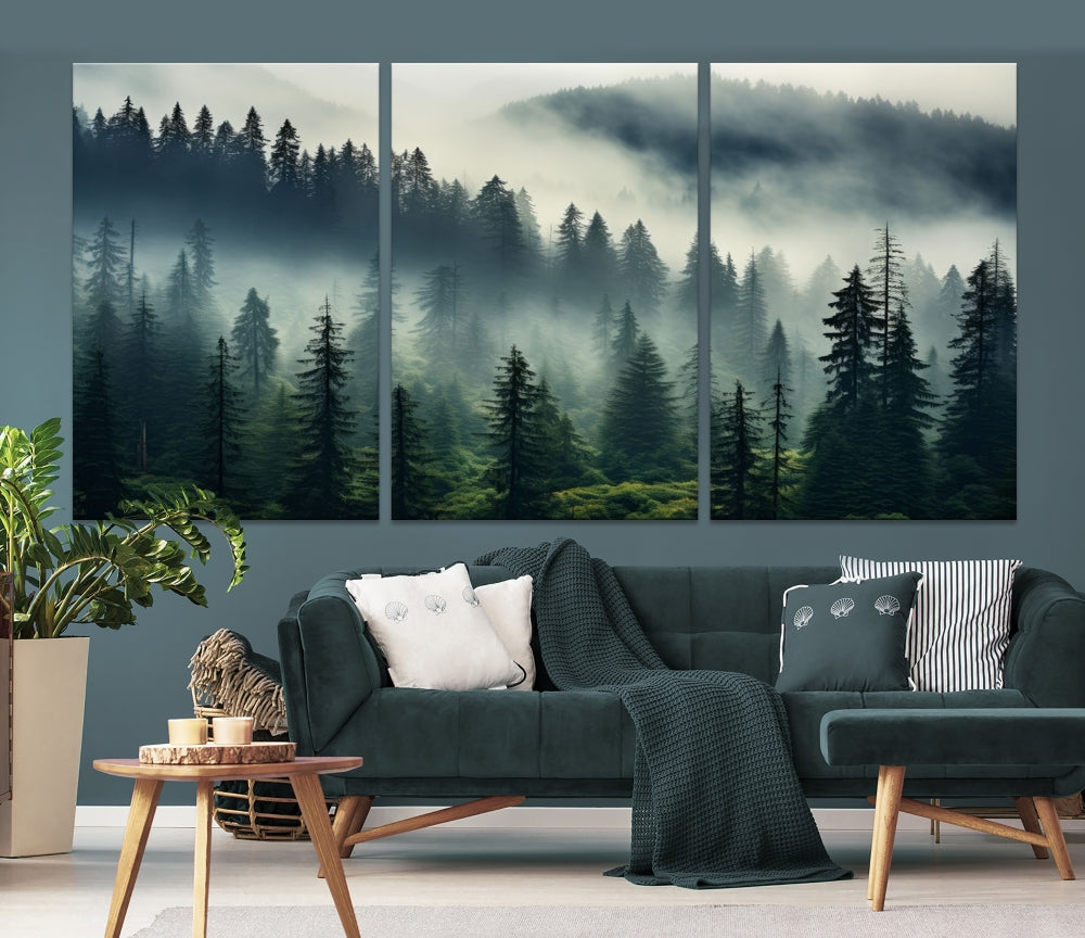 Captivating Misty Forest Wall ArtPremium Canvas Print for a Foggy and Serene Atmosphere