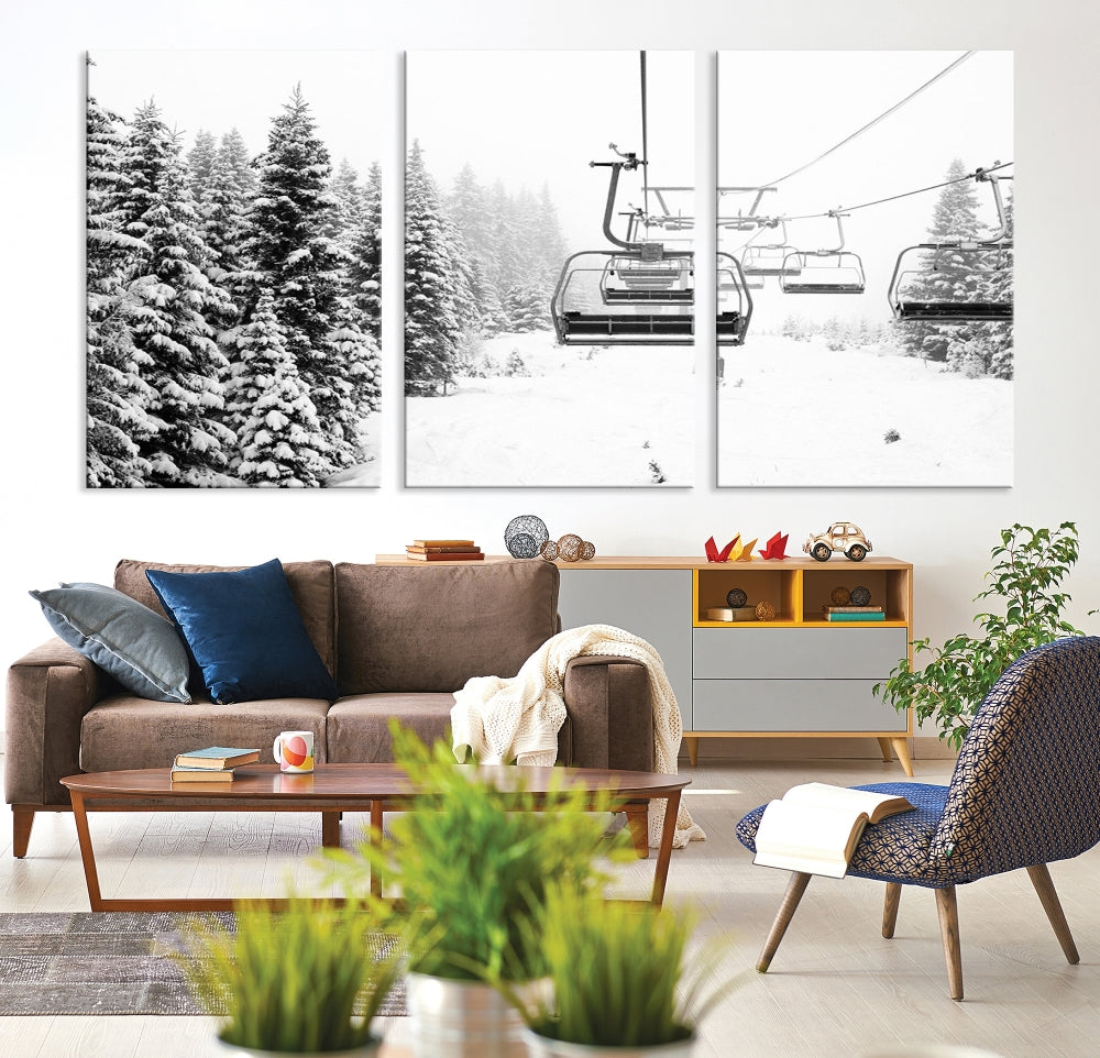 Chair Ski Lift and Winter Forest Snowy Landscape Large Cabin Wall Art Canvas Print