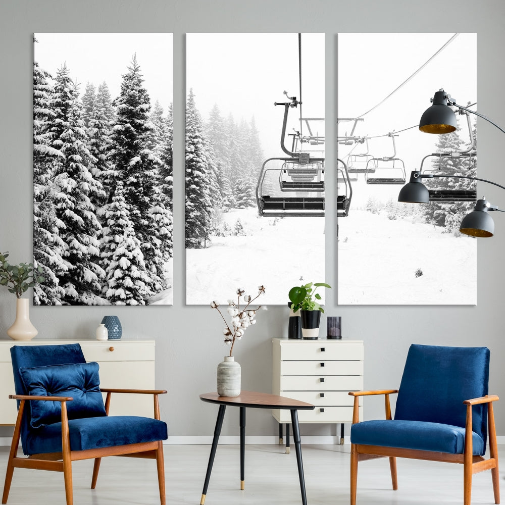 Chair Ski Lift and Winter Forest Snowy Landscape Large Cabin Wall Art Canvas Print