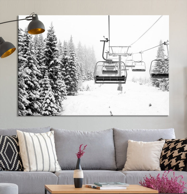 Chair Ski Lift and Winter Forest Snowy Landscape Large Cabin Wall Art Canvas Print