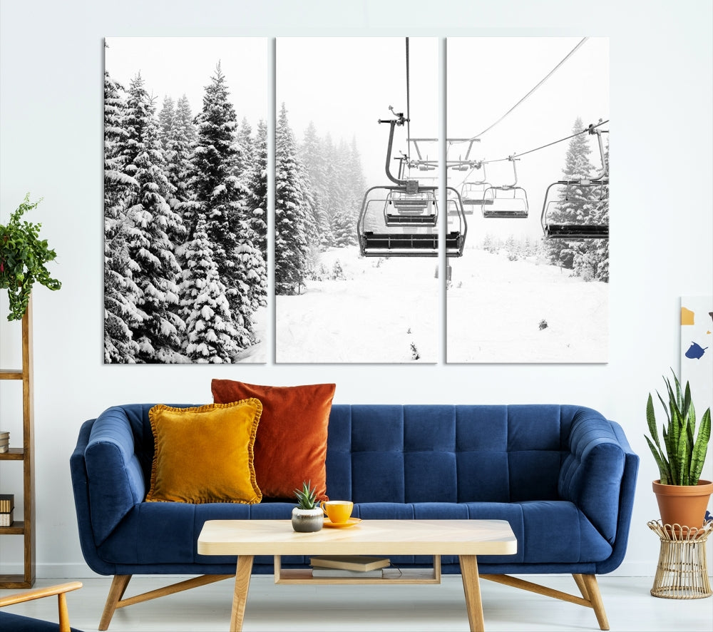 Chair Ski Lift and Winter Forest Snowy Landscape Large Cabin Wall Art Canvas Print