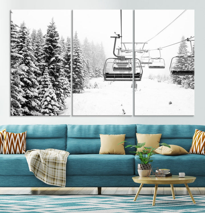 Chair Ski Lift and Winter Forest Snowy Landscape Large Cabin Wall Art Canvas Print