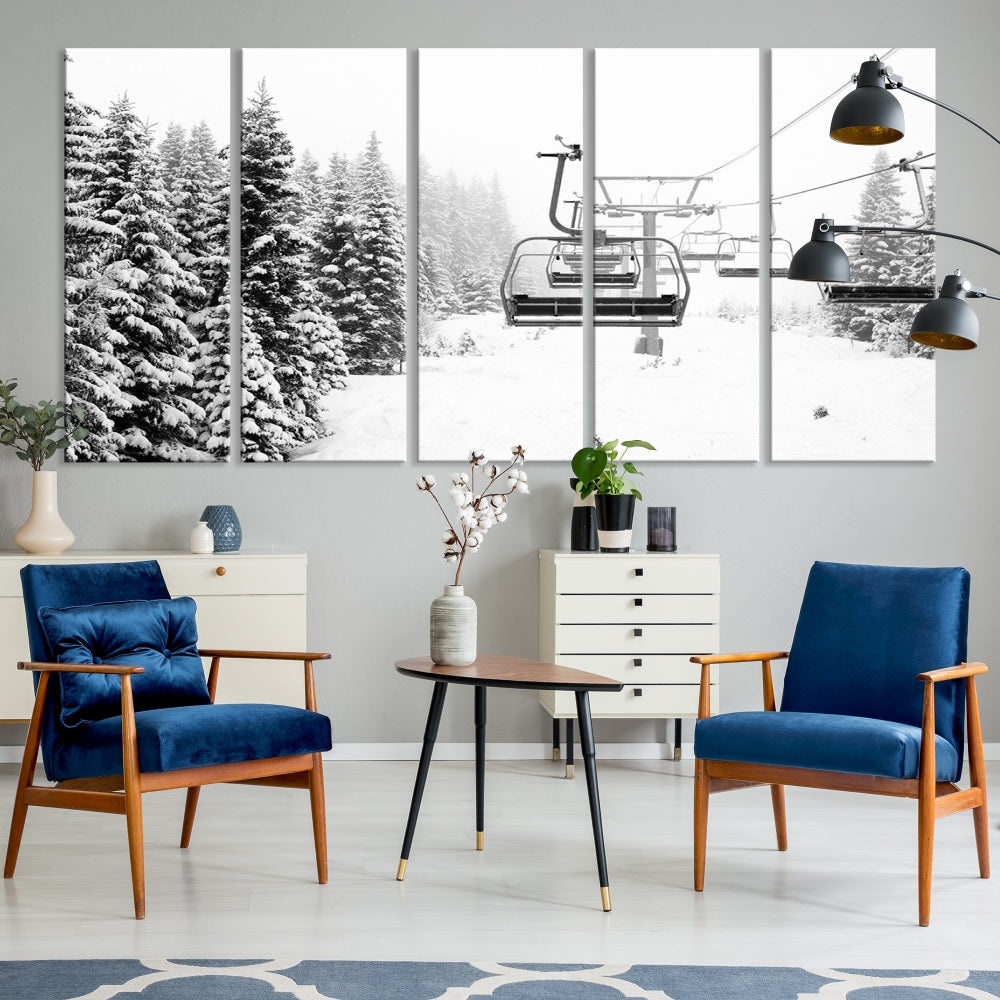 Chair Ski Lift and Winter Forest Snowy Landscape Large Cabin Wall Art Canvas Print