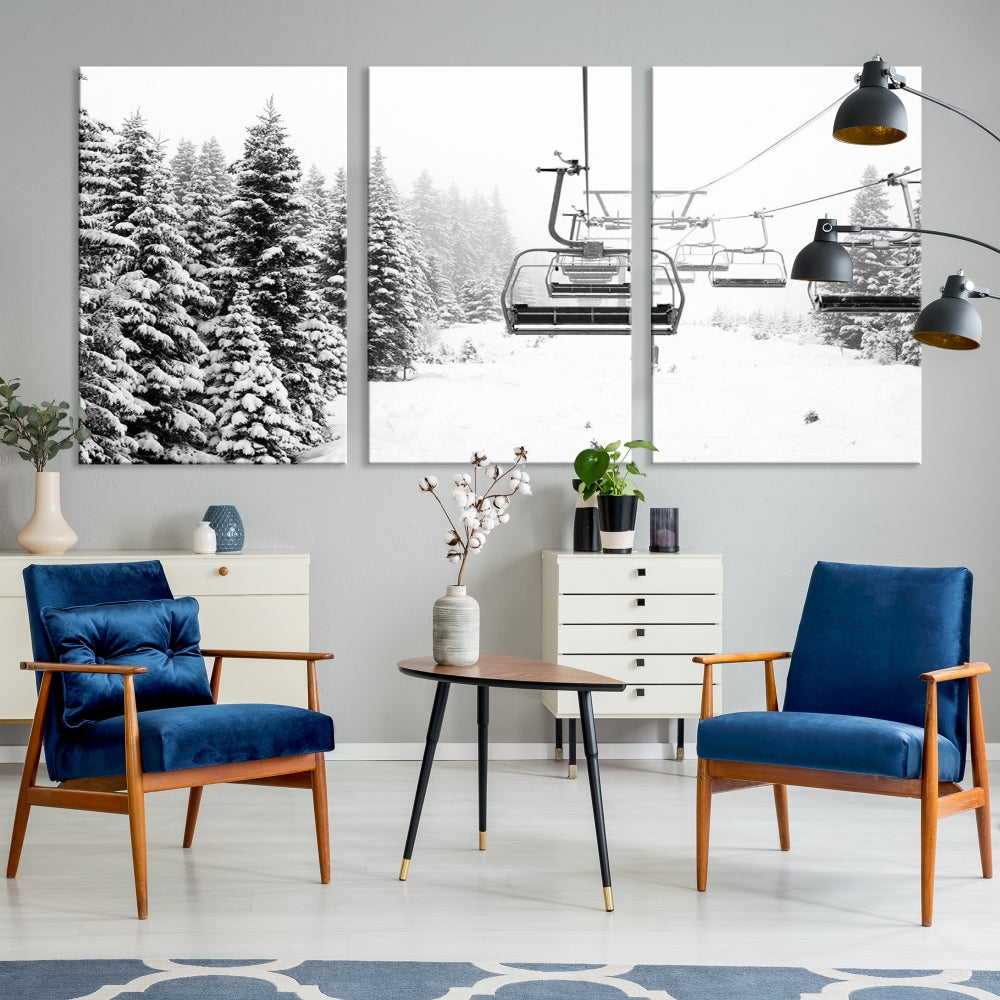 Chair Ski Lift and Winter Forest Snowy Landscape Large Cabin Wall Art Canvas Print