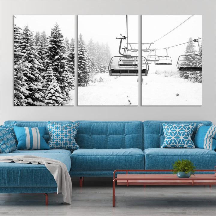 Chair Ski Lift and Winter Forest Snowy Landscape Large Cabin Wall Art Canvas Print