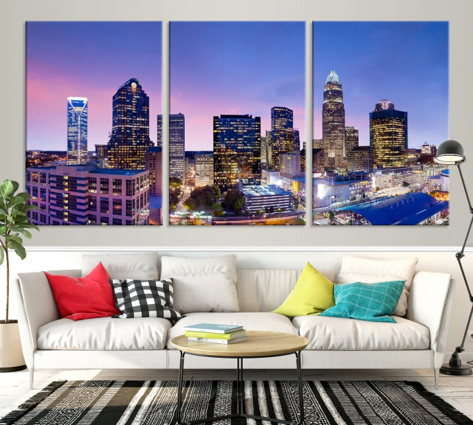 Charlotte City Sunset Purple Skyline Cityscape Large Wall Art Canvas Print