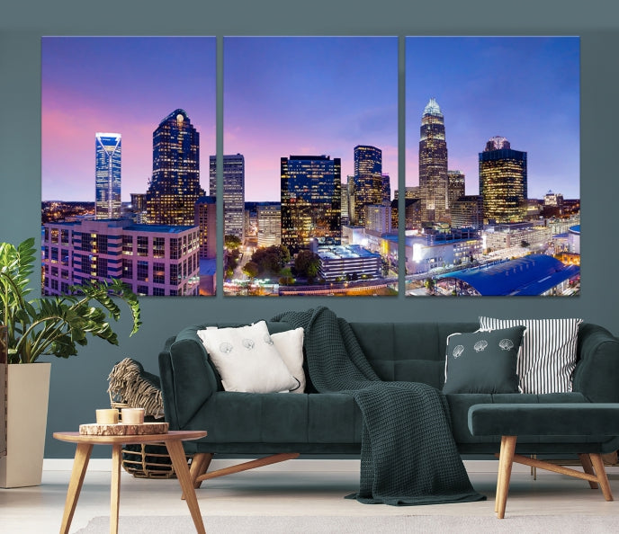 Charlotte City Sunset Purple Skyline Cityscape Large Wall Art Canvas Print