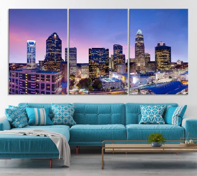 Charlotte City Sunset Purple Skyline Cityscape Large Wall Art Canvas Print