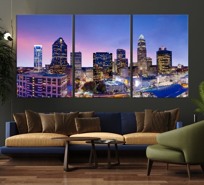 Charlotte City Sunset Purple Skyline Cityscape Large Wall Art Canvas Print