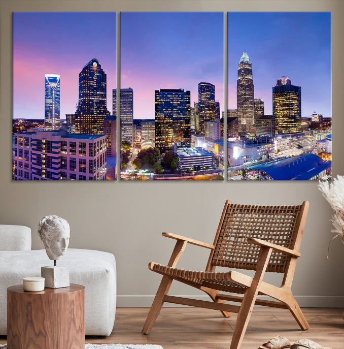 Charlotte City Sunset Purple Skyline Cityscape Large Wall Art Canvas Print