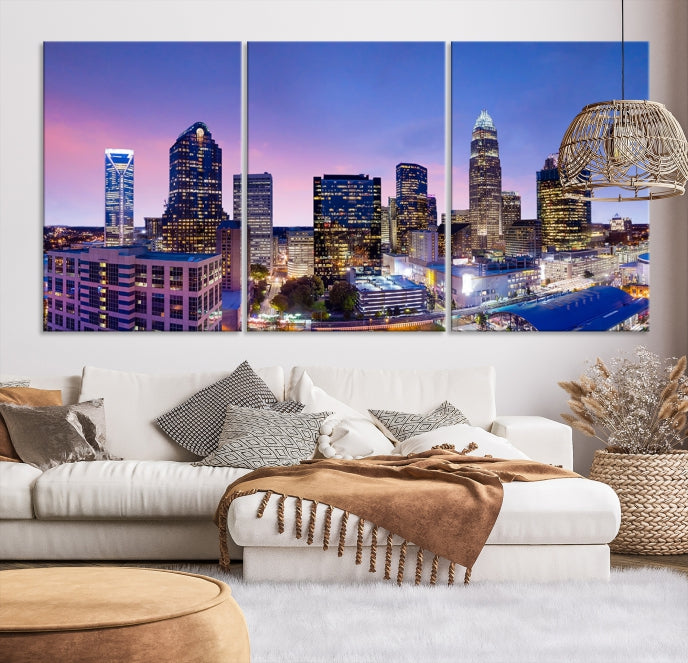 Charlotte City Sunset Purple Skyline Cityscape Large Wall Art Canvas Print