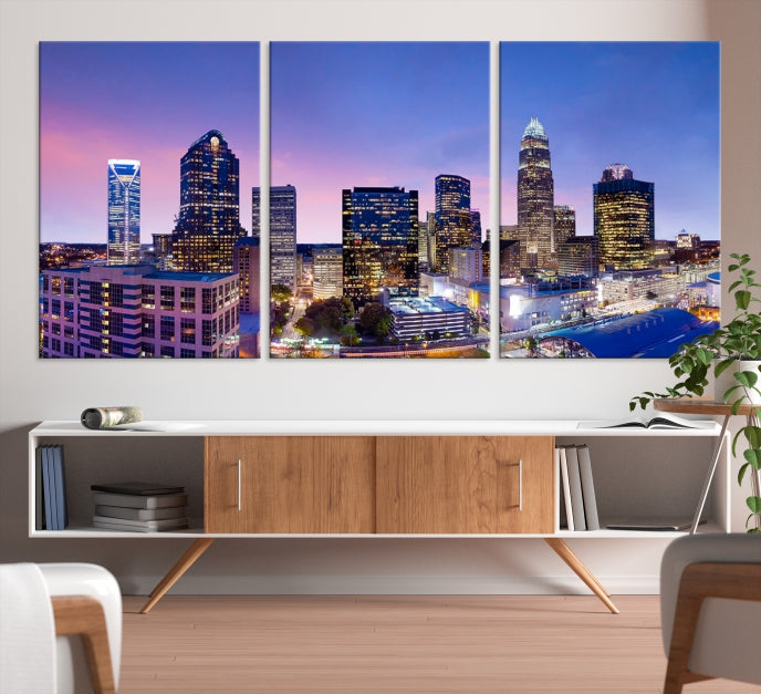 Charlotte City Sunset Purple Skyline Cityscape Large Wall Art Canvas Print