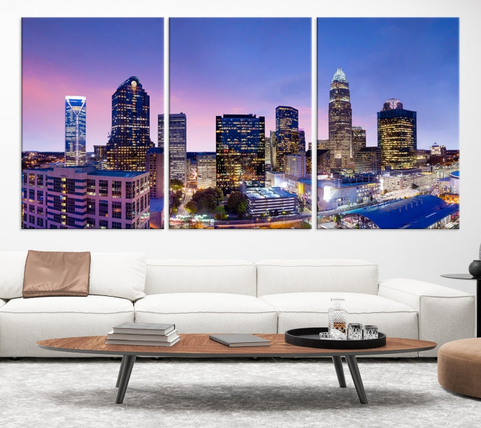 Charlotte City Sunset Purple Skyline Cityscape Large Wall Art Canvas Print