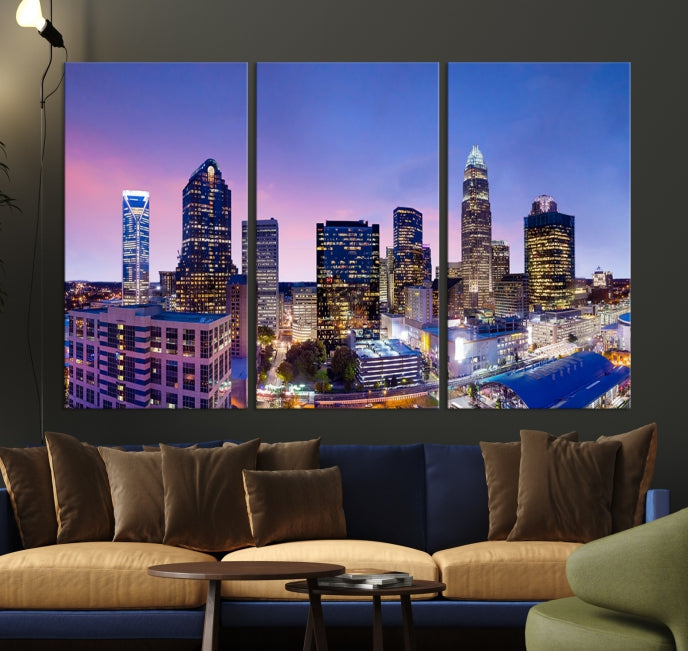 Charlotte City Sunset Purple Skyline Cityscape Large Wall Art Canvas Print