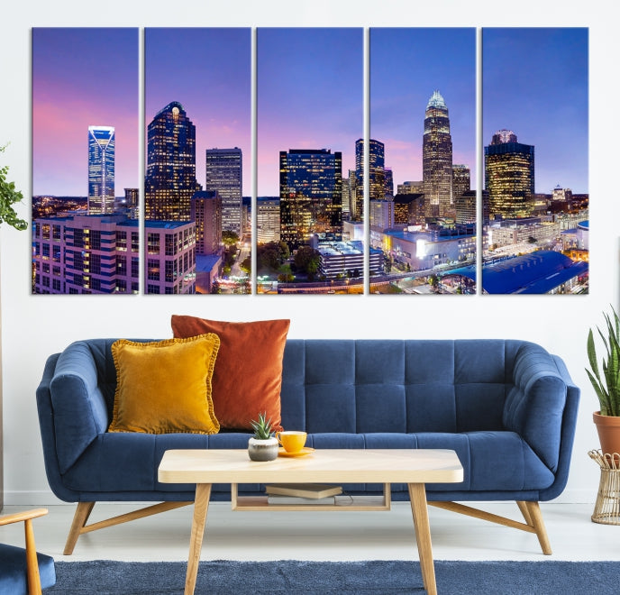 Charlotte City Sunset Purple Skyline Cityscape Large Wall Art Canvas Print