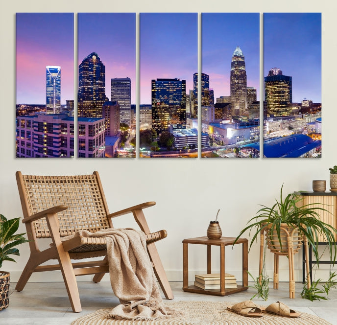 Charlotte City Sunset Purple Skyline Cityscape Large Wall Art Canvas Print