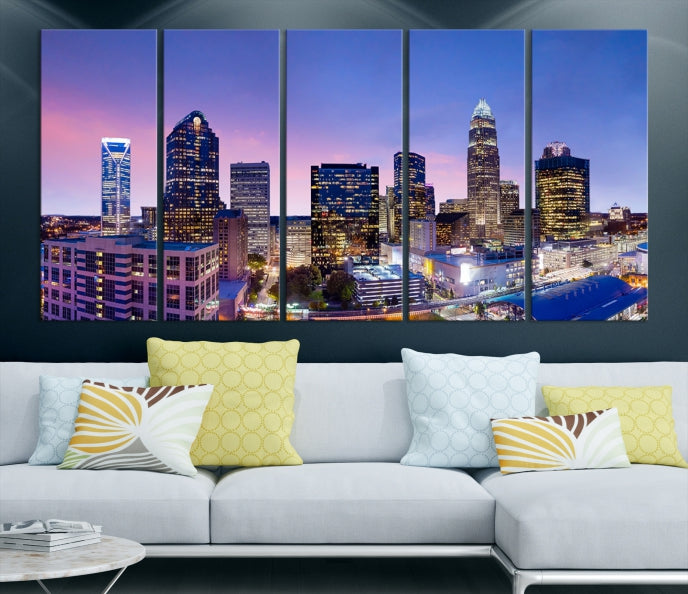 Charlotte City Sunset Purple Skyline Cityscape Large Wall Art Canvas Print