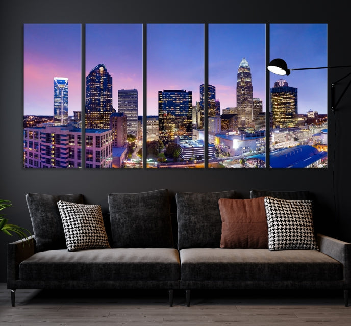 Charlotte City Sunset Purple Skyline Cityscape Large Wall Art Canvas Print