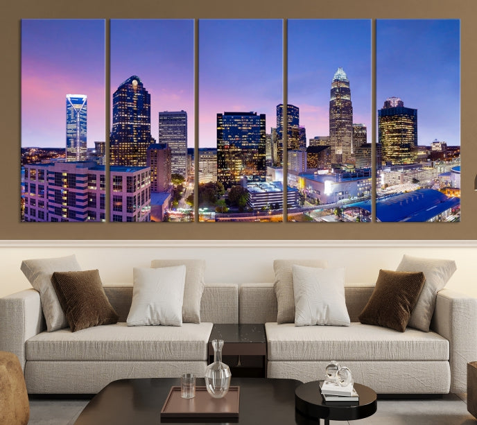 Charlotte City Sunset Purple Skyline Cityscape Large Wall Art Canvas Print