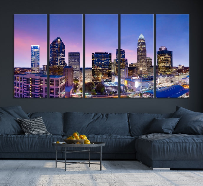 Charlotte City Sunset Purple Skyline Cityscape Large Wall Art Canvas Print