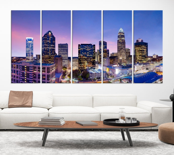 Charlotte City Sunset Purple Skyline Cityscape Large Wall Art Canvas Print