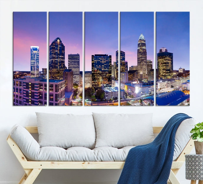 Charlotte City Sunset Purple Skyline Cityscape Large Wall Art Canvas Print