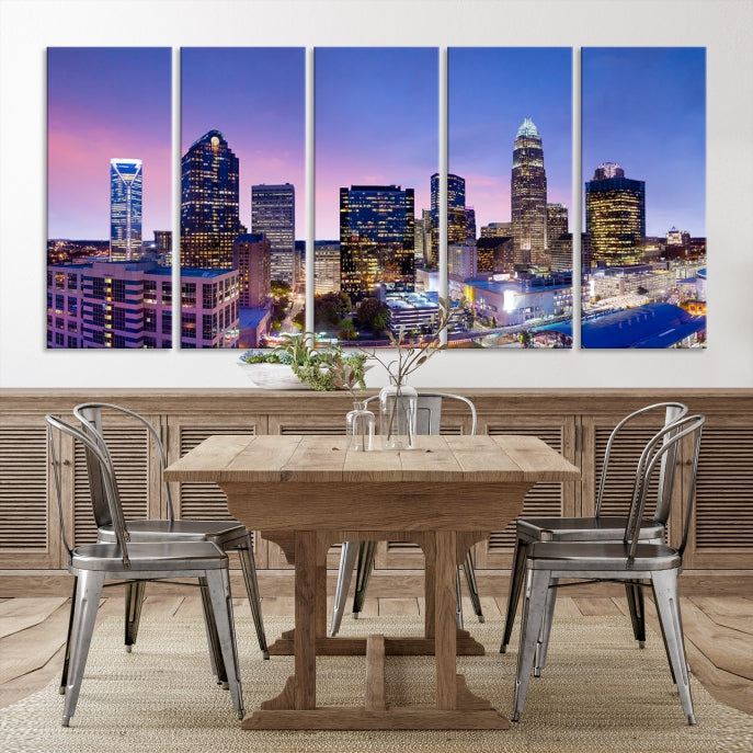 Charlotte City Sunset Purple Skyline Cityscape Large Wall Art Canvas Print