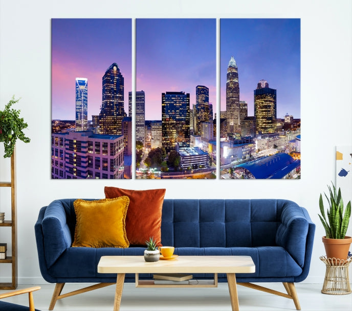 Charlotte City Sunset Purple Skyline Cityscape Large Wall Art Canvas Print