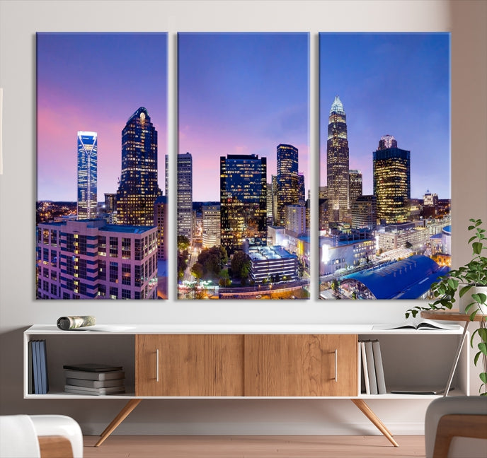 Charlotte City Sunset Purple Skyline Cityscape Large Wall Art Canvas Print