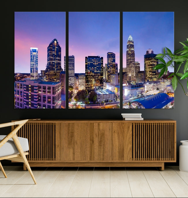 Charlotte City Sunset Purple Skyline Cityscape Large Wall Art Canvas Print