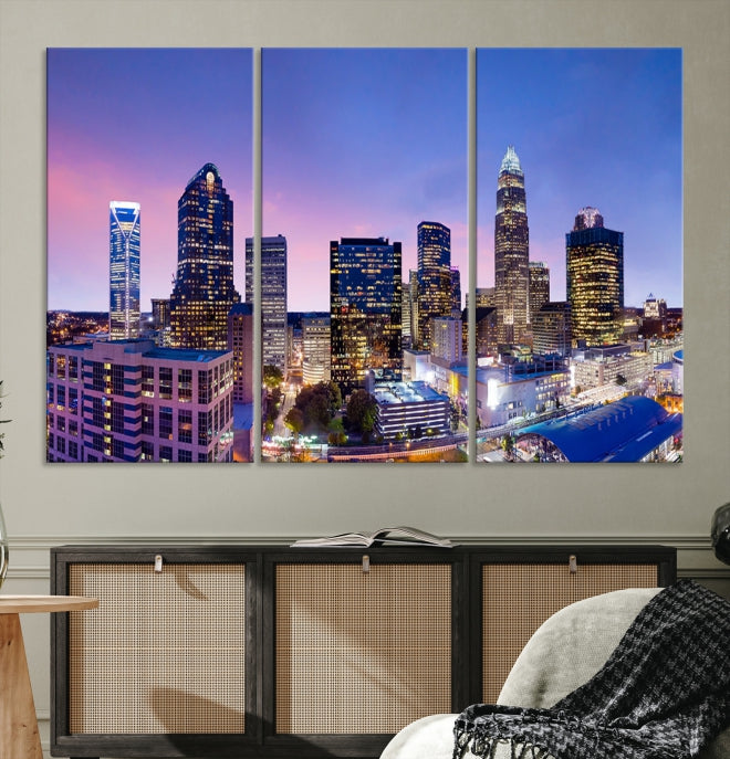 Charlotte City Sunset Purple Skyline Cityscape Large Wall Art Canvas Print