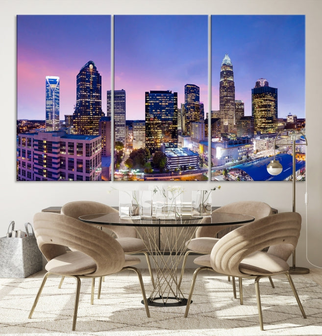 Charlotte City Sunset Purple Skyline Cityscape Large Wall Art Canvas Print