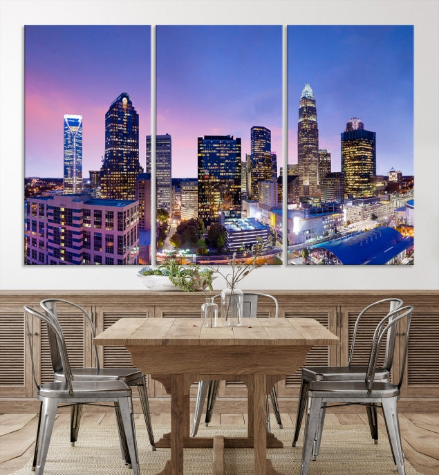 Charlotte City Sunset Purple Skyline Cityscape Large Wall Art Canvas Print