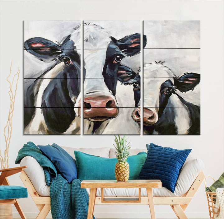 Charming Cow Canvas Wall Art - Black and White Cattle Farm Animal Print for Living Room or Kitchen, Ready to Hang