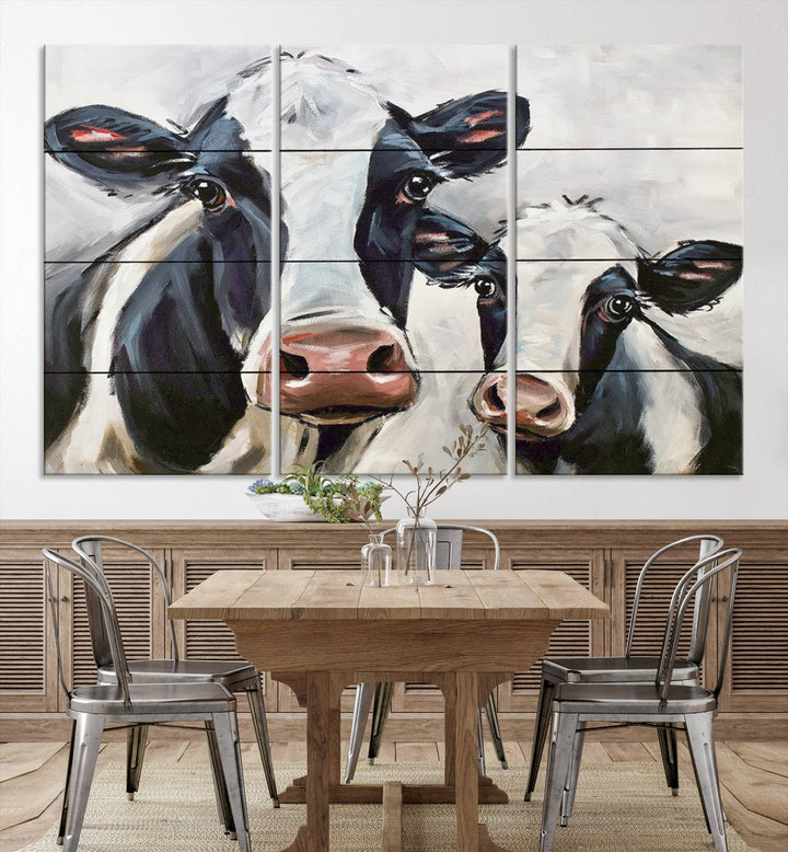 Charming Cow Canvas Wall Art - Black and White Cattle Farm Animal Print for Living Room or Kitchen, Ready to Hang