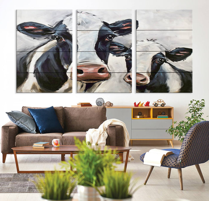 Charming Cow Canvas Wall Art - Black and White Cattle Farm Animal Print for Living Room or Kitchen, Ready to Hang