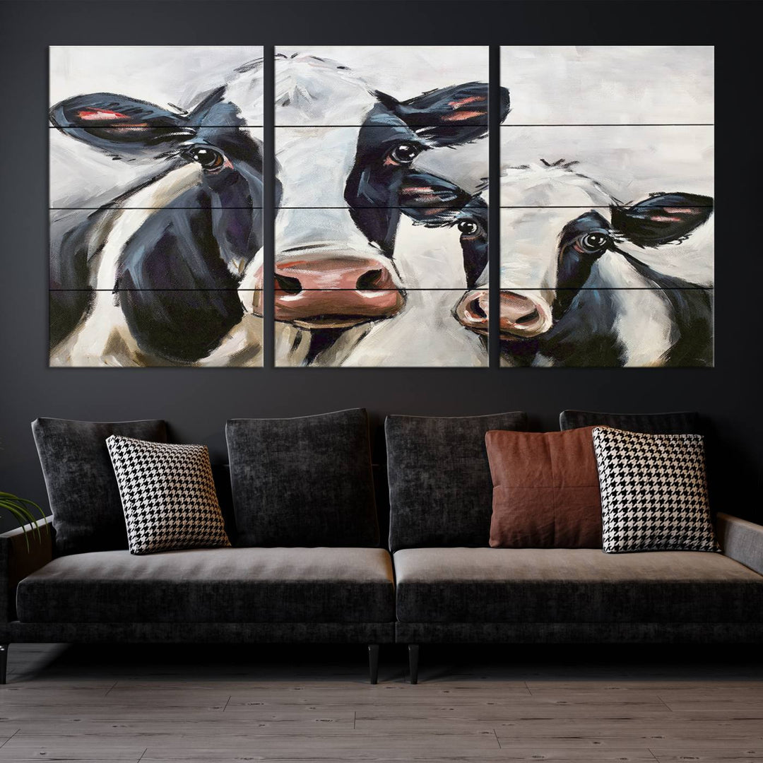 Charming Cow Canvas Wall Art - Black and White Cattle Farm Animal Print for Living Room or Kitchen, Ready to Hang