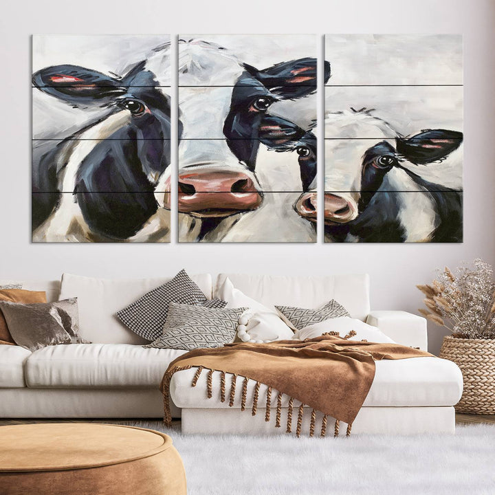 Charming Cow Canvas Wall Art - Black and White Cattle Farm Animal Print for Living Room or Kitchen, Ready to Hang