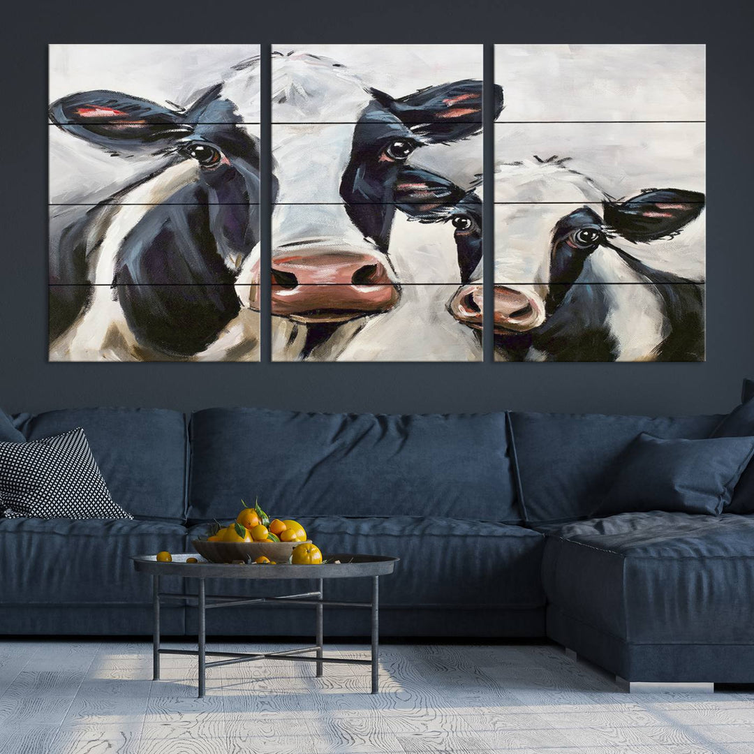 Charming Cow Canvas Wall Art - Black and White Cattle Farm Animal Print for Living Room or Kitchen, Ready to Hang