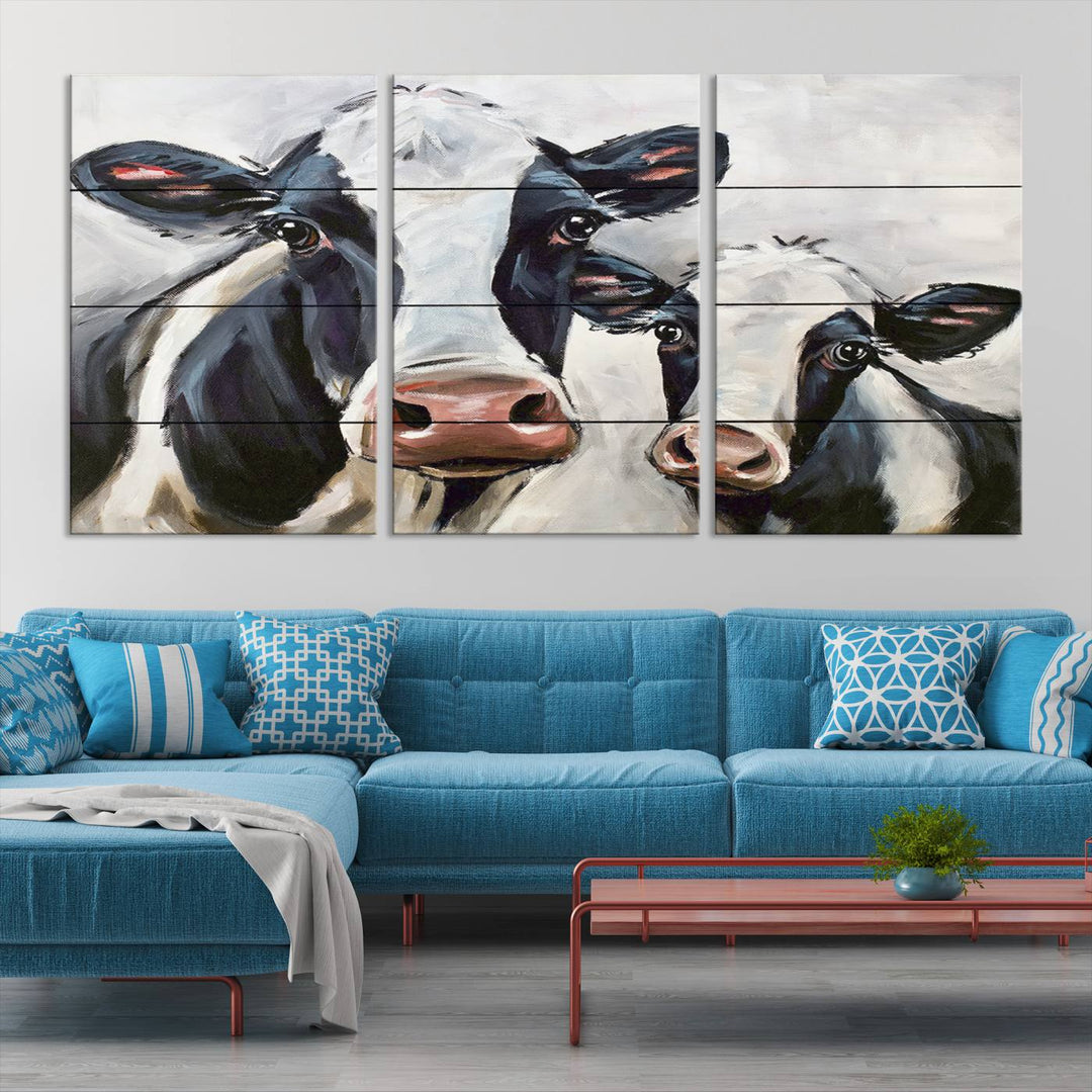 Charming Cow Canvas Wall Art - Black and White Cattle Farm Animal Print for Living Room or Kitchen, Ready to Hang