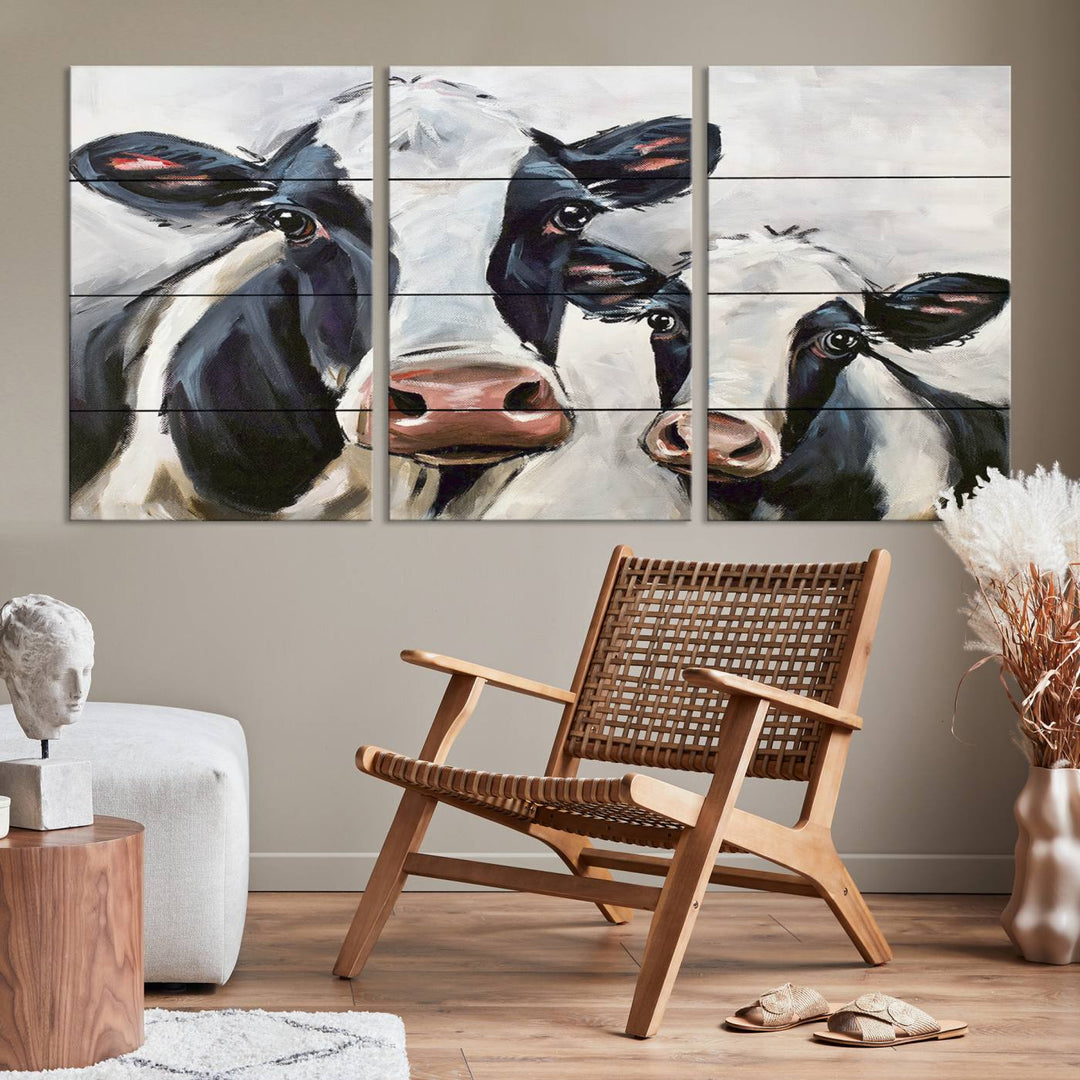 Charming Cow Canvas Wall Art - Black and White Cattle Farm Animal Print for Living Room or Kitchen, Ready to Hang