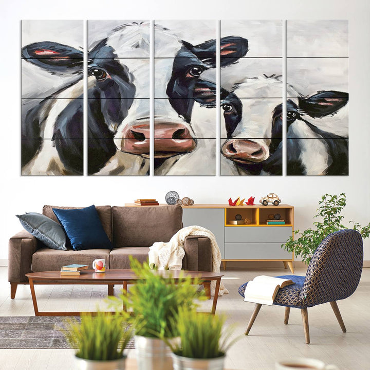 Charming Cow Canvas Wall Art - Black and White Cattle Farm Animal Print for Living Room or Kitchen, Ready to Hang