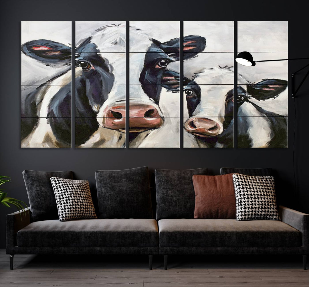 Charming Cow Canvas Wall Art - Black and White Cattle Farm Animal Print for Living Room or Kitchen, Ready to Hang