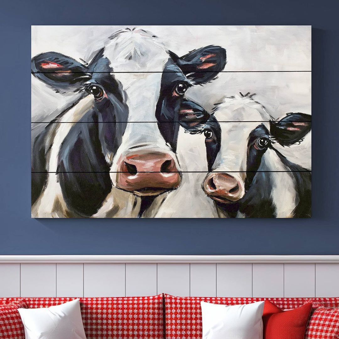 Charming Cow Canvas Wall Art - Black and White Cattle Farm Animal Print for Living Room or Kitchen, Ready to Hang