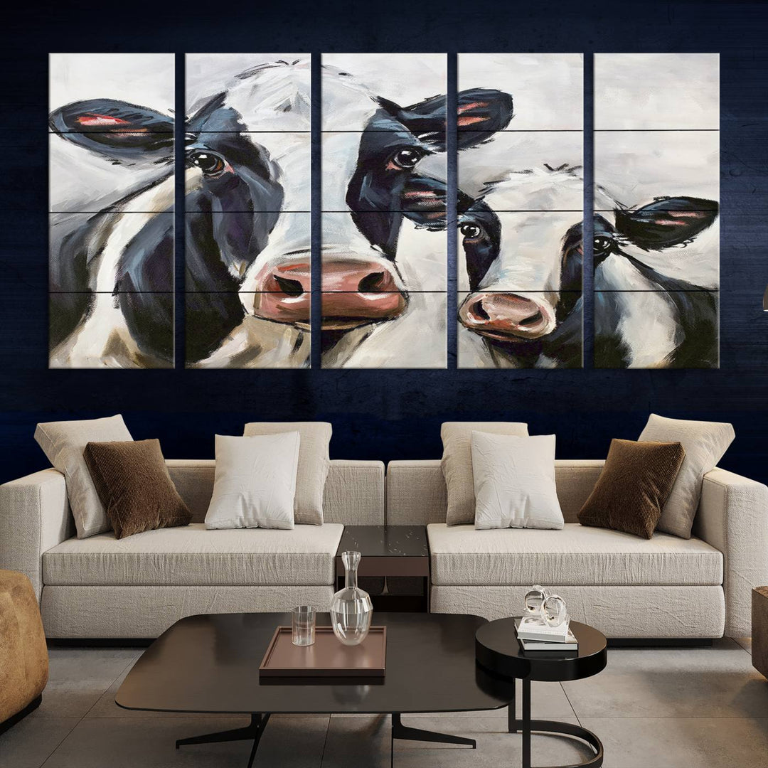 Charming Cow Canvas Wall Art - Black and White Cattle Farm Animal Print for Living Room or Kitchen, Ready to Hang