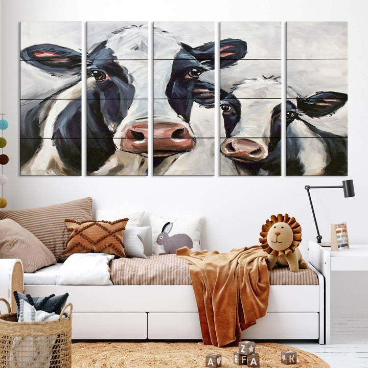 Charming Cow Canvas Wall Art - Black and White Cattle Farm Animal Print for Living Room or Kitchen, Ready to Hang