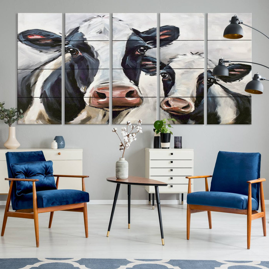 Charming Cow Canvas Wall Art - Black and White Cattle Farm Animal Print for Living Room or Kitchen, Ready to Hang