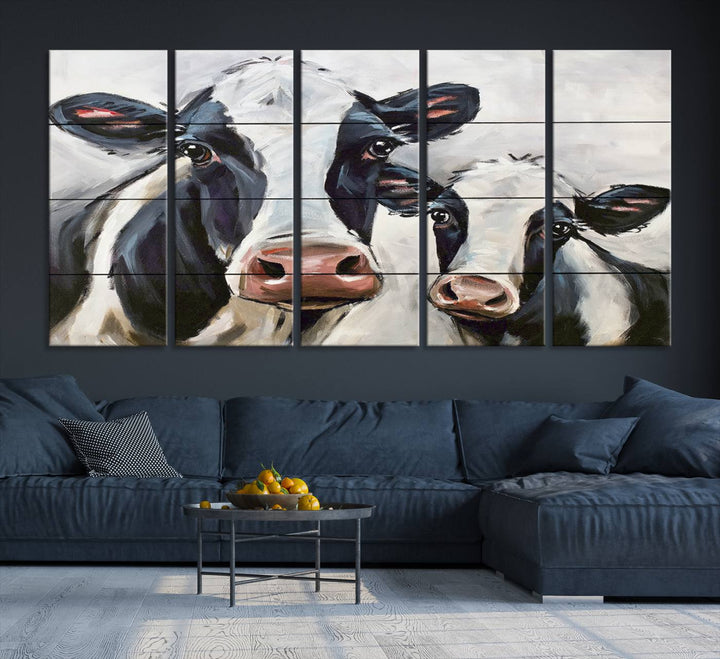 Charming Cow Canvas Wall Art - Black and White Cattle Farm Animal Print for Living Room or Kitchen, Ready to Hang