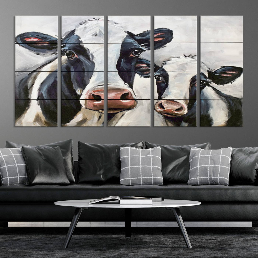 Charming Cow Canvas Wall Art - Black and White Cattle Farm Animal Print for Living Room or Kitchen, Ready to Hang